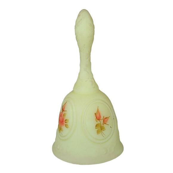 Fenton Glass Custard Medallion Bell with Hand Painted Orange Roses - Picture 4 of 11